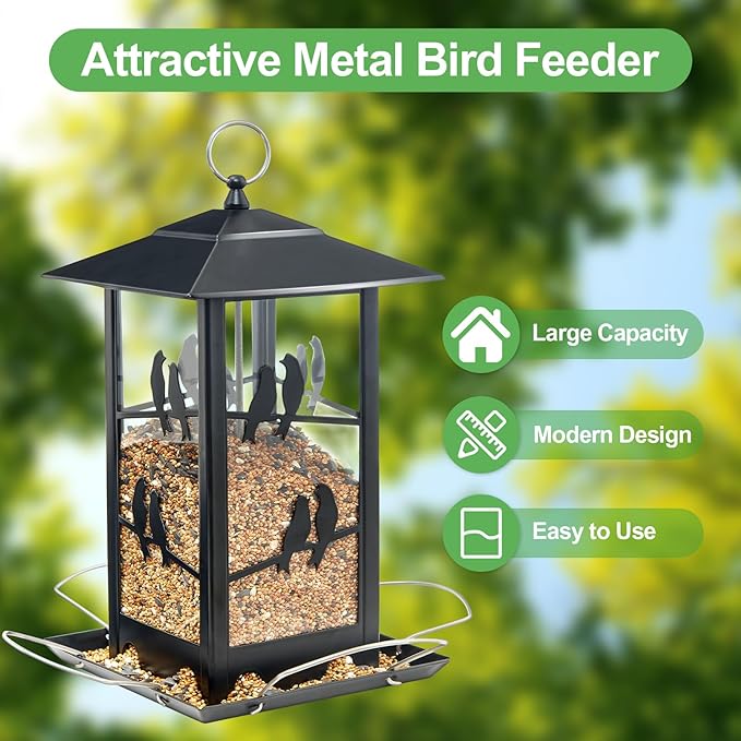 Vivace Bird Feeder, Large 4LBs Metal Hanging Feeder With Perches for Wild Birds, Outdoor Garden and Backyard, Black