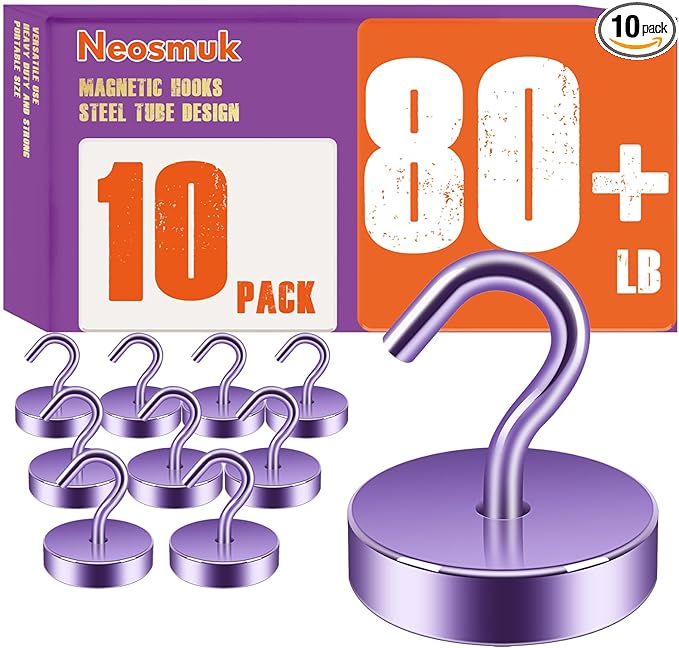 Neosmuk Magnetic Hooks, Cruise Ship Essentials, 80lb+ Heavy Duty Magnetic Hooks for Cruise Cabins, Refrigerator, Grill, Hanging, and Travel | Extra Strong Must-Haves Magnet Hook,Purple
