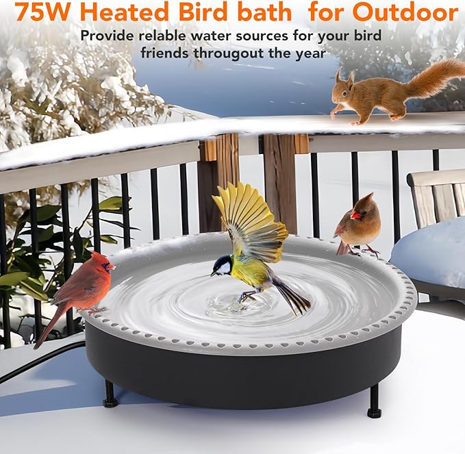 2 in 1 Heated Bird Bath for Outdoors for Winter,100W Bird Bath Heater with Thermostatically Controlled,Heated Bird Bath for Deck Railing for All Seasons Outdoor Garden Yard Patio Lawn(Grey)