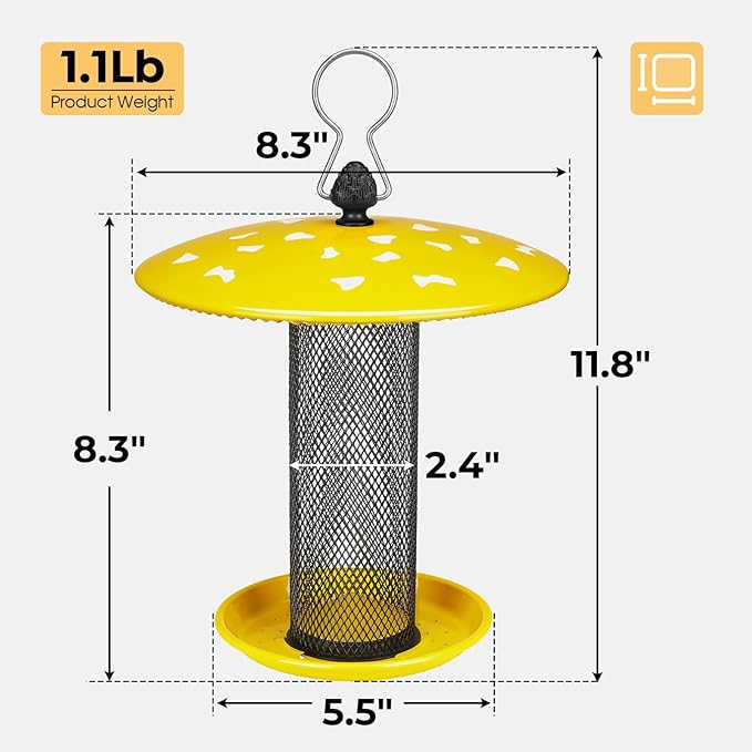 Veehoo Tube Bird Feeders for Outdoors Hanging-Finch Feeder for Nyjer Thistle Seed, Mushroom Metal Mesh Bird Feeder for Outside Hanging, Yellow