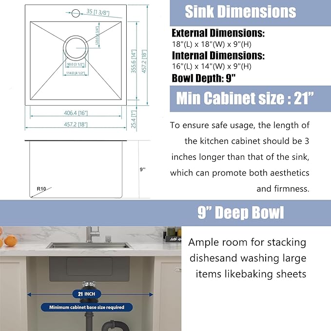 18x18 Inch Black Bar Sink Drop In, Topmount Stainless Steel Kitchen Sink, Square Small Kitchen Sinks, Single Bowl Kitchen Sinks for Laundry Wet Bar Prep RV Office Outdoor Yard