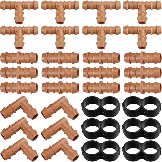 Irrigation Fittings Kit for 1/2" Tubing, 32 Pieces Line Connectors for Drip Sprinkler Systems - 12 Couplings, 8 Tees, 6 Elbows, 6 End Caps, Parts for 1/2 Inch Hose