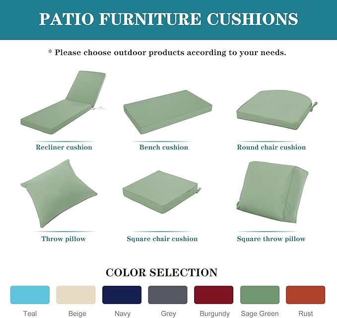 Outdoor Chaise Lounge Cushion Set of 2, Fadesafe Water-Repellent Lounge Deck Reclining Chair Cushions for Patio Furniture Lawn Pool Resort Hotel, 72x21x3 Inch, Sage Green