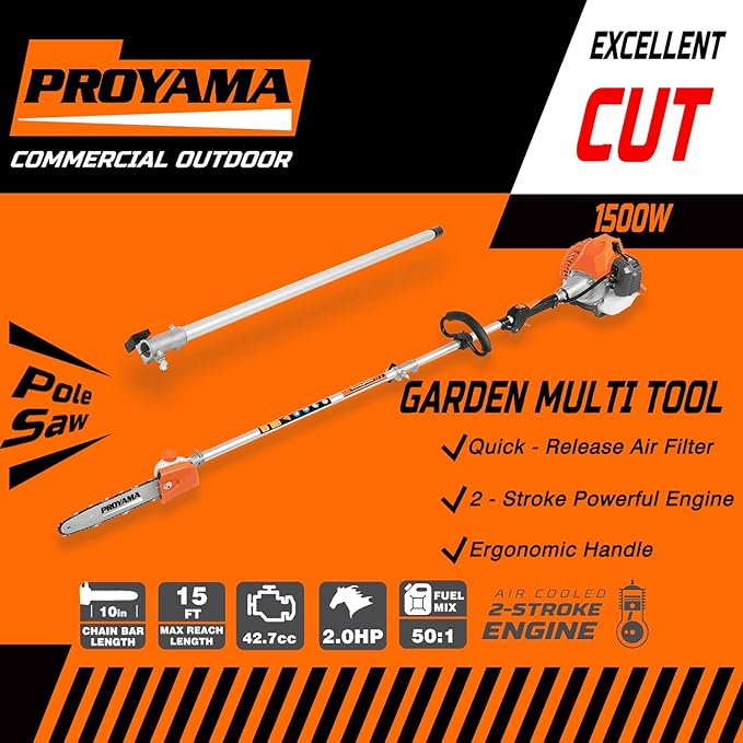 PROYAMA Powerful 42.7cc 5 in 1 Multi Functional Trimming Tools,Gas Hedge Trimmer,Weed Eater,String Trimmer, Brush Cutter,Pole Saw with Extension Pole