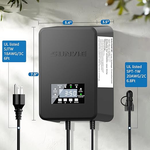 SUNVIE 200W Landscape Lighting Transformer Outdoor Low Voltage Landscape Transformer with Timer and Photocell Sensor Waterproof 120V to 12V/14VAC Low Voltage Transformer for Landscape Garden Lights