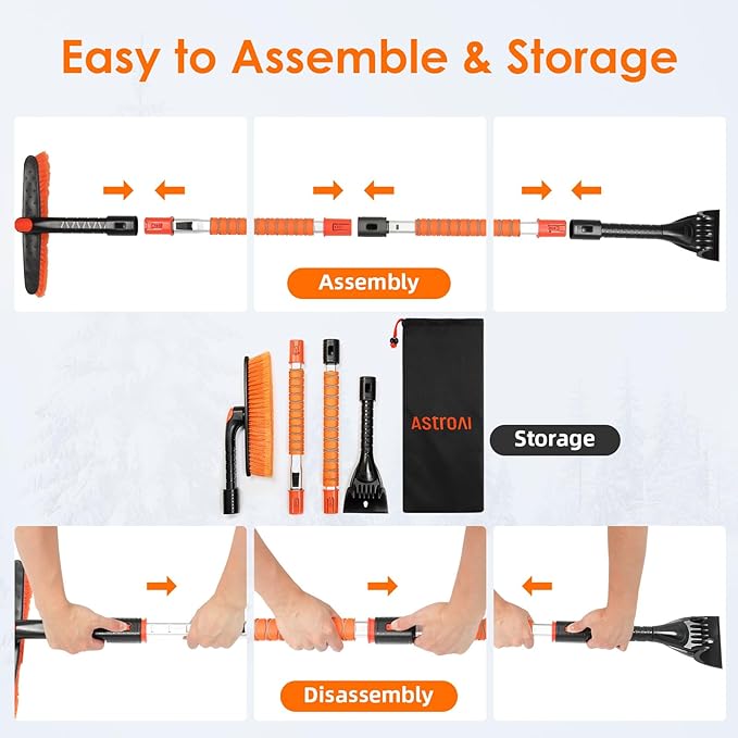 AstroAI 62.4" Ice Scrapers for Car Windshield and Extendable Snow Brush with Foam Grip and 360° Pivoting Brush Head for Christmas Car Auto Truck SUV(Orange)