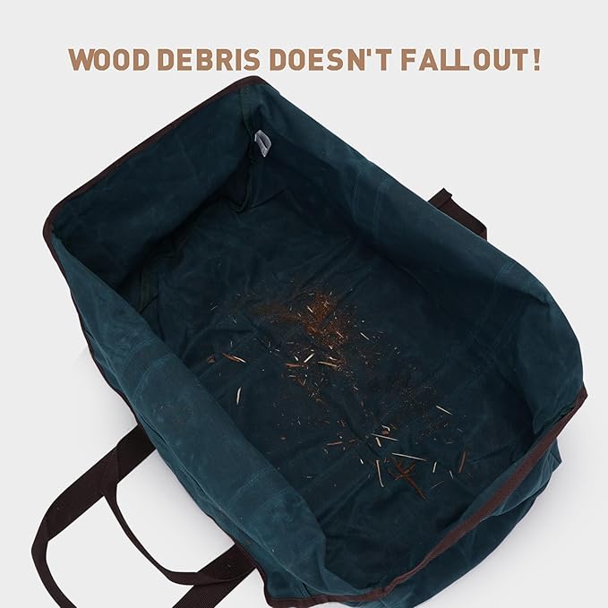 Waxed Canvas Log Carrier Tote Bag, Extra Large Durable Firewood Holder with Handles and Shoulder Strap - DarkBlue
