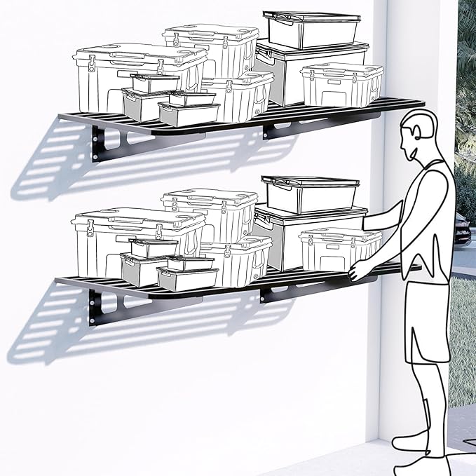 2-Pack 2x4ft Garage Wall Shelving, 2 Shelf Total 8 ft(L) Garage Wall Storage, Heavy-Duty Storage Shelves, Perfect for Holding Storage Bins, Boxes, Sporting Goods, Tools, and More. Space-Saving