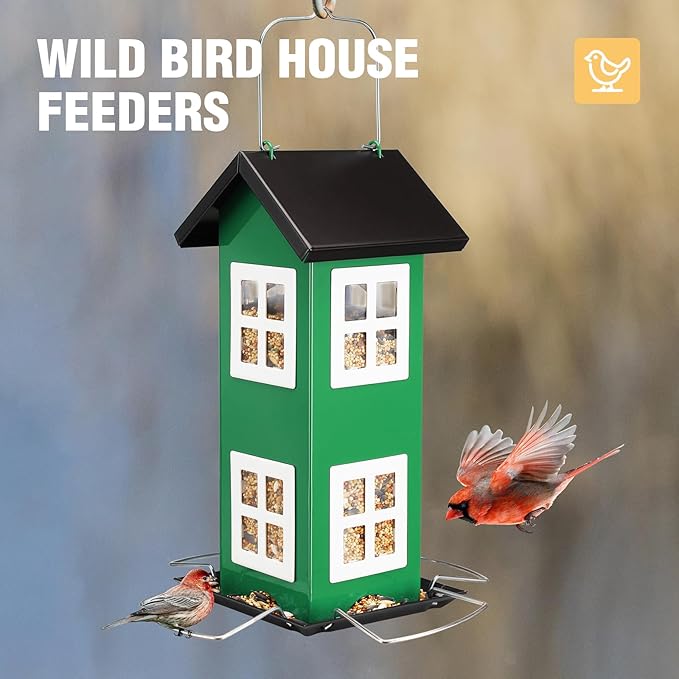 Veehoo Bird House Feeders for Outdoors Hanging-Metal Wild Bird House Feeders with 4 Ports, Country House Design, Garden Yard Decor Hanging Bird Feeder for Outside, Large Capacity, Green