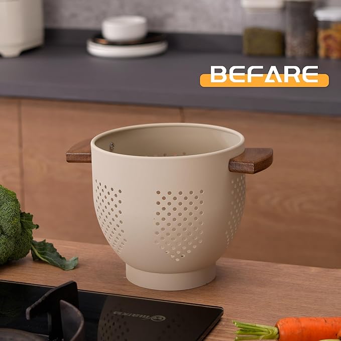 Metal Colander with Wood Handle and Stable Base, Powder Coated Steel Kitchen Strainer Basket for Draining Pasta, Vegetable and fruit (3quart,Sandyellow)