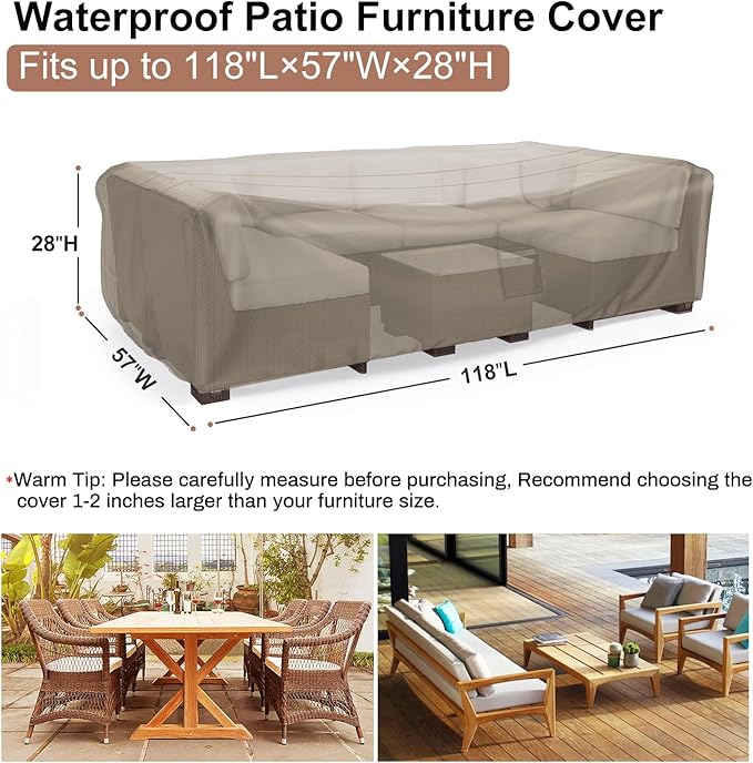 Mrrihand Heavy Duty Patio Furniture Covers, Outdoor Furniture Covers Waterproof Sectional Sofa Set, Patio Table and Chair Set Cover 118" L×57" W×28" H,Brown