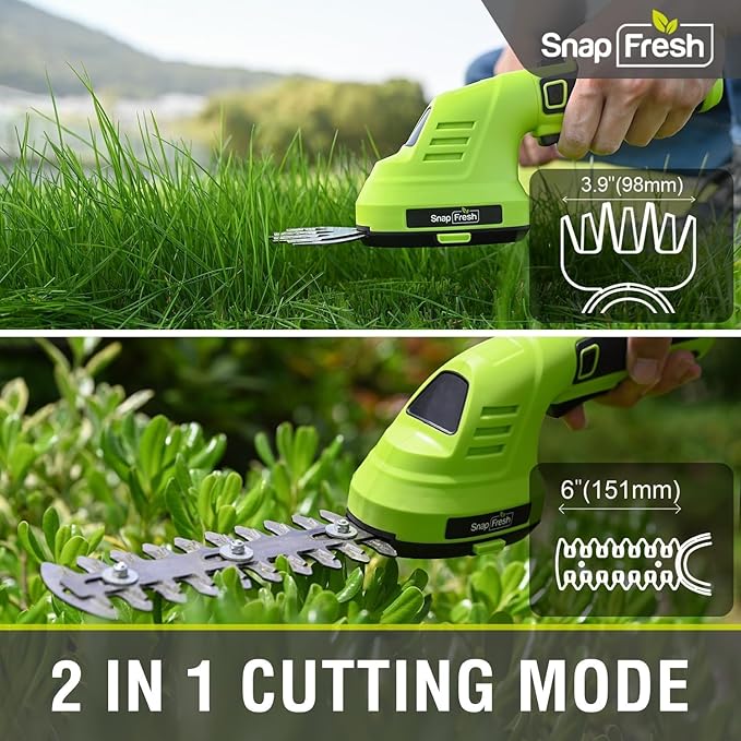 SnapFresh Hedge Trimmer Cordless Grass Shear, 2 in 1 8V Electric Grass Clipper and Hedge Shears with Rotating Head, Handheld Bush Trimmer/Grass Cutter/Shrub Trimming with Battery for Garden & Lawn