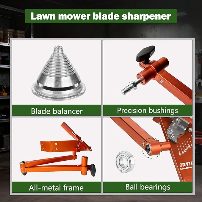 Upgraded Lawn Mower Blade Sharpener with Ball Bearing Handle and 15°-45° Adjustable Frame, for Straight & Standard Lawn Mower Blades,Lawnmower Blade Sharpener Kit with Metal Blade Balancer,5005,Orange