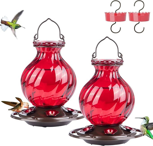 Hummingbird Feeder, Auslar 26 Ounces Glass Hummingbird Feeders for Outdoors Hanging Ant and Bee Proof, Ant Moat & 5 Flower Feeding Ports, Rustproof, Leakproof, Netted Flower Bud Shape, Red, 2 Pack