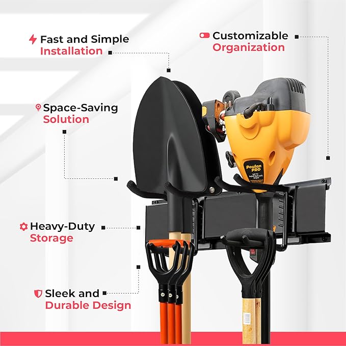 Heavy-Duty Garage Wall Storage System | Wall Mounted Tool Organizer Rack with Shelving | 12-Piece Mounting Kit | 6x10” Double-Layered Hooks & 2x24” Floating Utility Shelves