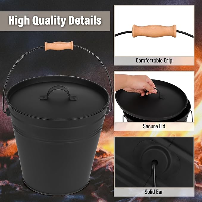 FEED GARDEN 3.5 Gallon Ash Bucket with Lid,Shovel,Broom and Screwdriver, Ash Can for Fireplace Fire Pits,Hearth,Wood Stoves,Fireplace Galvanized Iron Bucket,Pellet Charcoal BucketIndoor Outdoor,Black