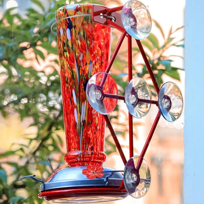 Window Hummingbird Feeder with 5 Strong Suction Cup 16 Ounces Colorful Hand-Blown Glass Hummingbird Feeder for Outdoor Patio Hanging Windows Mount (Red)