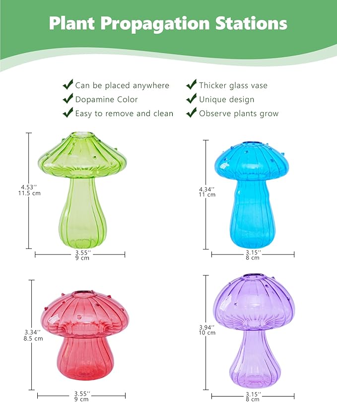 Nacome Mushroom Glass Propagation Station for Plants: Set of 4 Colored Vases Terrarium Kit for Home Office Indoor Hydroponics Decor - Birthday Gifts for Women Mom Grandma