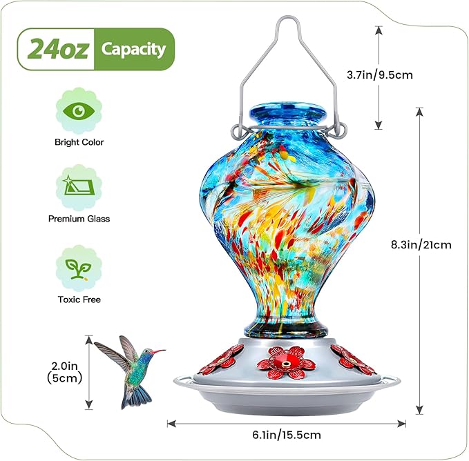 Hummingbird Feeder, BOLITE Glass Hummingbird Feeders for Outdoors Hanging, Hand Blown Twisted with Ant Moat and Five Feeding Ports, 24 Ounces, Leak Proof, Blue, Gifts for Women Men, Gifts for Mom Dad