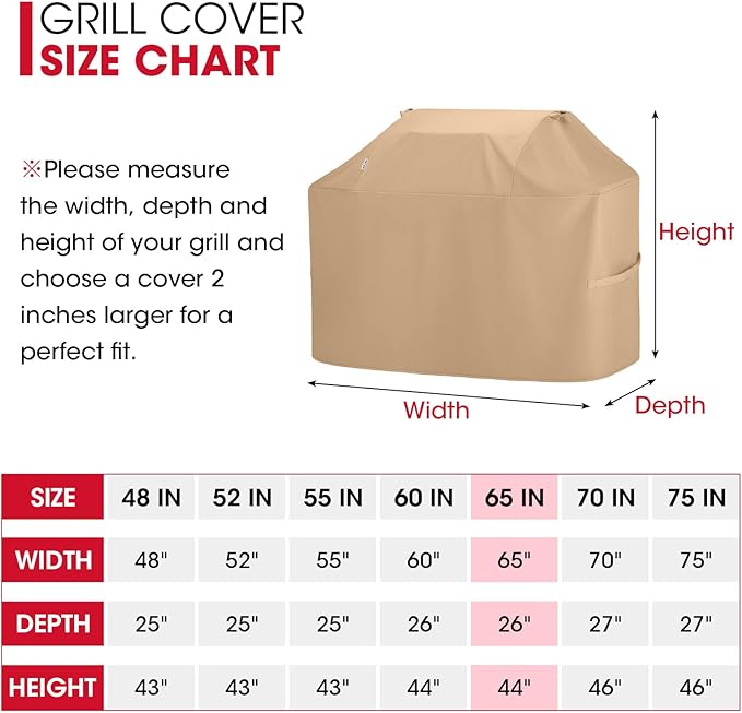 Unicook 65 Inch Grill Cover for Outdoor Grill, Heavy Duty Waterproof BBQ Covers, Compatible with Weber Char-Broil Nexgrill Kenmore 3-6 Burner Gas Grills up to 63”, All Weather Protection, Light Brown