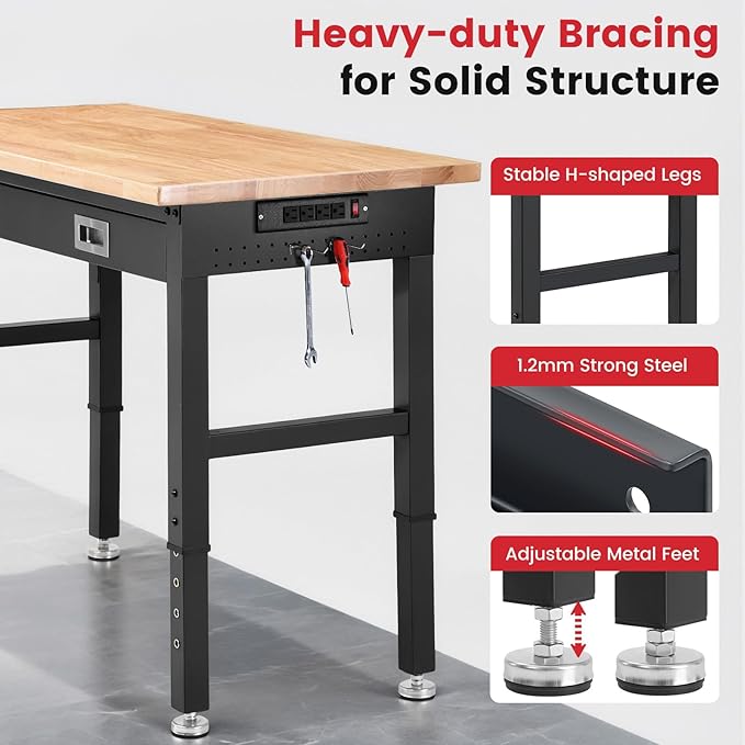 Workbench for Garage with Drawers 48 x 24 Inch Rubberwood Tabletop Work Table with Pegboard, Power Outlets Adjustable Height Work Bench for Woodworking Shop, Home, Office