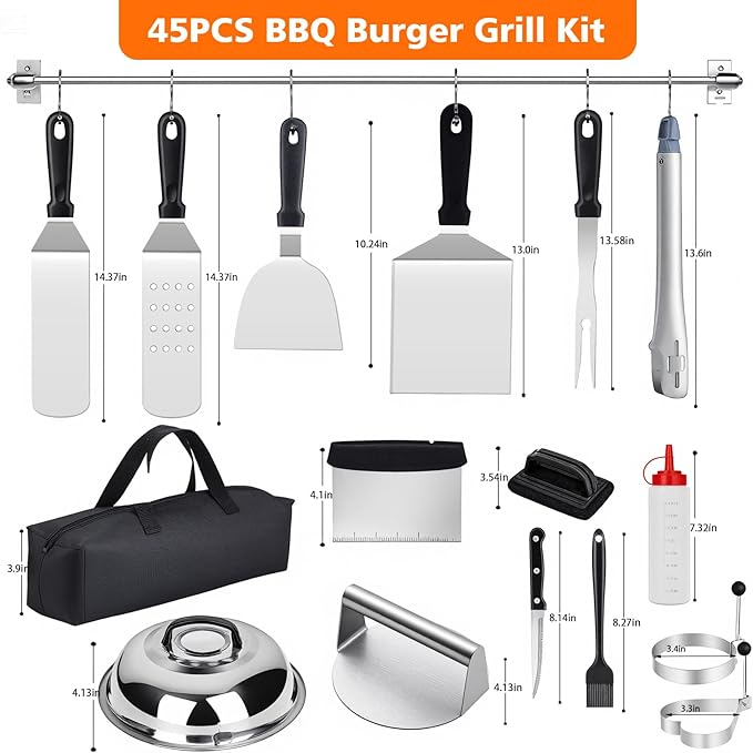 45 Pcs Griddle Accessories Kit, Flat Top Grill Accessories Set for Blackstone and Camp Chef, Griddle Grill Tools Set,w/Carry Bag, Enlarged Spatulas, Basting Cover, Scraper for Outdoor Barbecue(Silver)