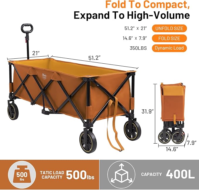 Timber Ridge 51.2'' Extended Collapsible Wagon Cart with Brakes and Cargo Net, 500LBS Heavy Duty Foldable Utility Wagon with Adjustable Handle, 400L Capacity Portable Cart for Camping Sports, Orange