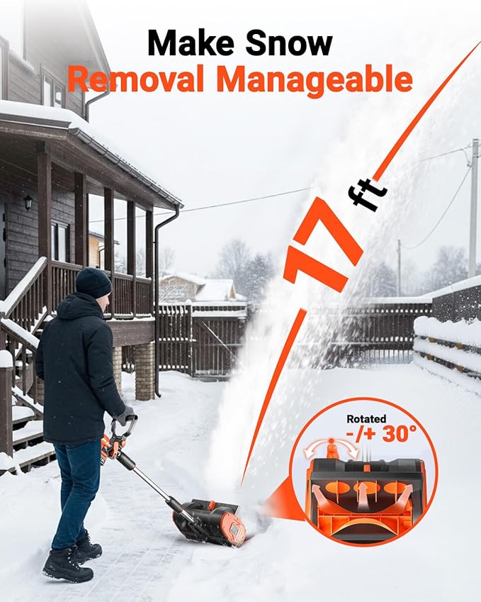 VOLTASK Cordless Snow Shovel, 24V | 12-Inch Snow Blower Cordless, Battery Snow Shovel with Directional Plate & Adjustable Front Handle (4-Ah Battery & Quick Charger Included)