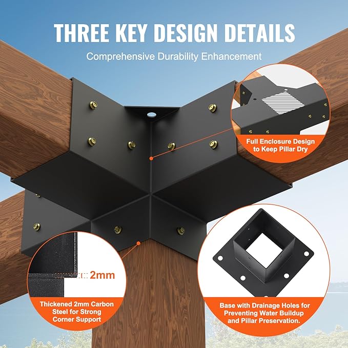 VEVOR Pergola Bracket Kit, 4x4 Inch (Inner Size 3.5x3.5), 2 Pcs 4-Way Heavy Duty Corner Bracket Woodworks DIY Post Base Kit, Easy Installation Wooden Beams for Gazebos, Patio Pergolas, Log Cabin