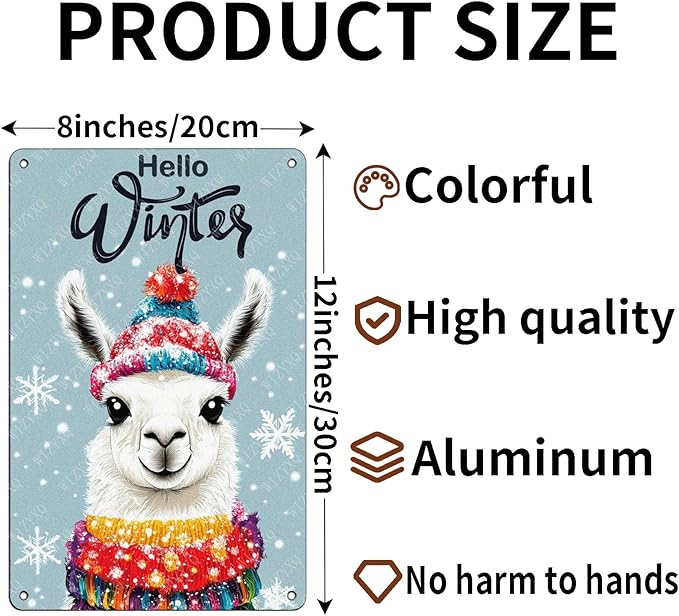 Tin Signs Hello Winter Metal Signs Winter Aluminum Sign for Home Cafe Bar Yard Office Kitchen Farmhouse Wall Decor 12×8 Inch