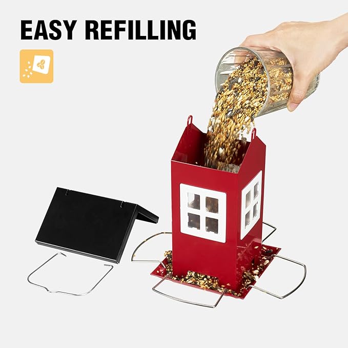 Veehoo Bird House Feeders for Outdoors Hanging-Metal Wild Bird House Feeders with 4 Ports, Country House Design, Garden Yard Decor Weatherproof Hanging Bird Feeder for Outside, Red
