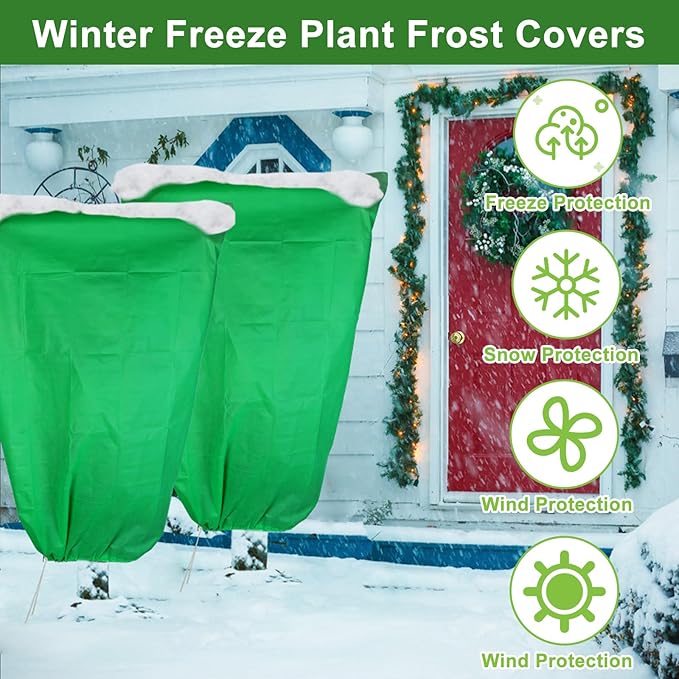 SPORTYOUTH 4 Pack Plant Covers Freeze Protection, 32" x 47.2" Winter Frost Blankets Cloth with Zipper Drawstring, 2.4 oz Reusable Jacket Cover Bags for Outdoor Plants Shrub Bush Tree Potted