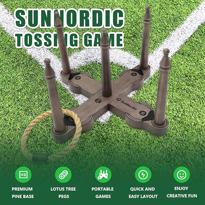 Wooden Ring Toss Game Set, Backyard Beach Camping Game with Toss Rings & Portable Carrying Bag, Outdoor Lawn & Yard Games for Kids, Adults & Family