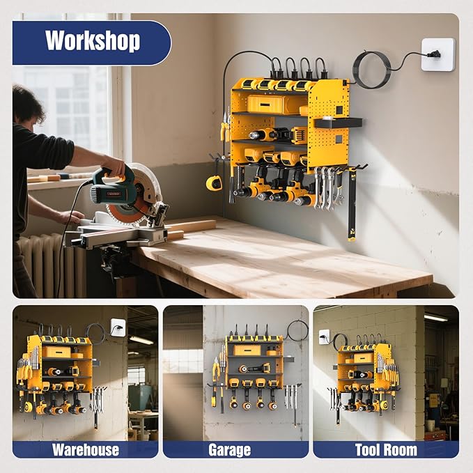 Heavy Duty Power Tool Organizer Wall Mount with Charging Station, 4 Layer Garage Storage Adjustable Shelves Height, Holds 4 Drills, 2 Hooks, Screw & Screwdriver box, Gifts for Fathers Day, Anniversary
