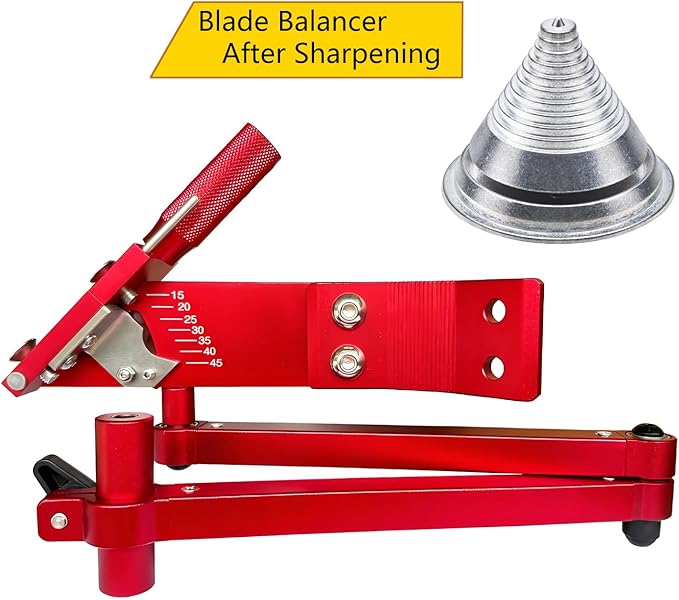 TIWAN Lawn Mower Blade Sharpener - Updated Ball Bearing Manufacturing Handle, Suitable for Right and Left Hand Blades, Mower Blade Sharpener Tool Kit with Lawn Mower Blade Balancer, 5005, Red