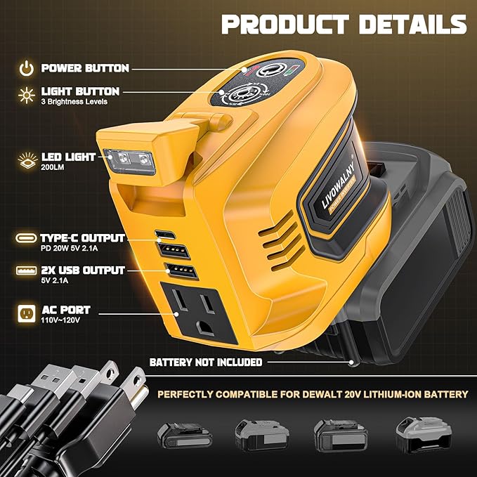 200W Power Inverter Compatible with Dewalt, DC 20V to AC 110-120V Battery Inverter, Portable Power Station Generator, Charger Adapter Battery Powered Outlet with 2 USB Ports & 1 Type-C & 1 AC Outlet