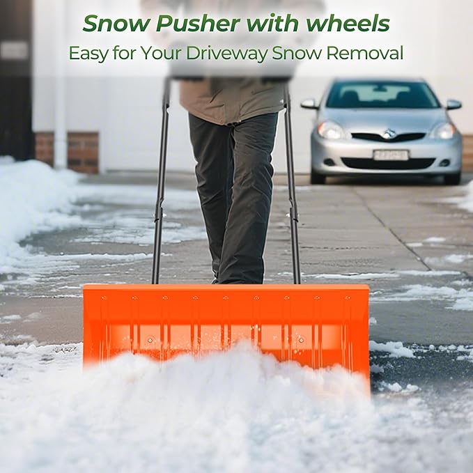 Walensee 30in Metal Snow Shovel for Driveway with Wheels, Snow Pusher Large Blade for Sidewalk Efficient Snow Removal, U-Shaped Handle, Heavy Duty Snow Shovels, Back Saver Snow Plow for Deck