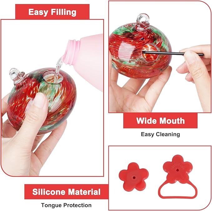 Window Hummingbird Feeder with Suction Cups,Hand-Blown Glass Hummingbird Feeders for Outdoors Window Mounted with Metal Hook,Close Bird Watching,Finch in Garden,Yard(Red)