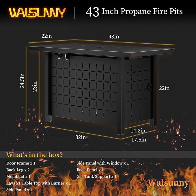 Walsunny 43 inch Outdoor Propane Fire Pit 50,000 BTU Gas Fire Pit Table with Lid, Waterproof Cover, Rectangle Gas Firepit Table for Garden/Patio, CSA Certification
