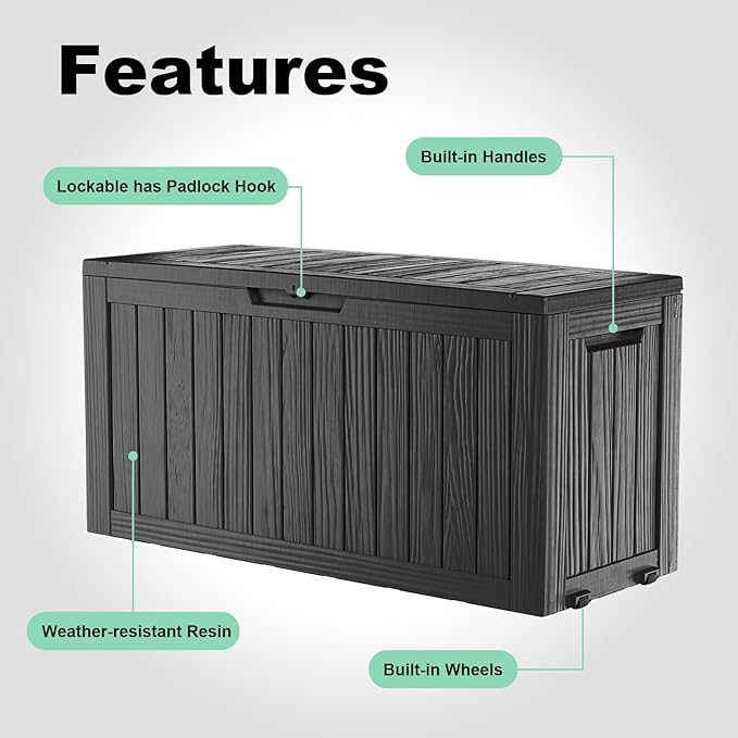 75 Gallon Resin Deck Box, Lockable Outdoor Storage Box for Patio Cushions Storage Furniture,Garden Tools, Pool Supplies, Weatherproof and UV Resistant(Black)