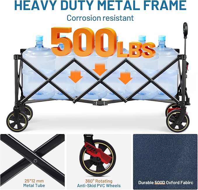TIMBER RIDGE 51.2'' Extended Collapsible Wagon Cart with Brakes and Cargo Net, 500LBS Heavy Duty Foldable Utility Wagon with Adjustable Handle, 400L Capacity Portable Cart for Camping Sports Shopping