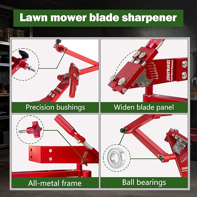 Upgraded Lawn Mower Blade Sharpener with Ball Bearing Manufacture Handle and 15°-45° Adjustable Frame for Straight and Standard Lawnmower Blades,Blade Sharpner Kit with Balancer, 5005, Red