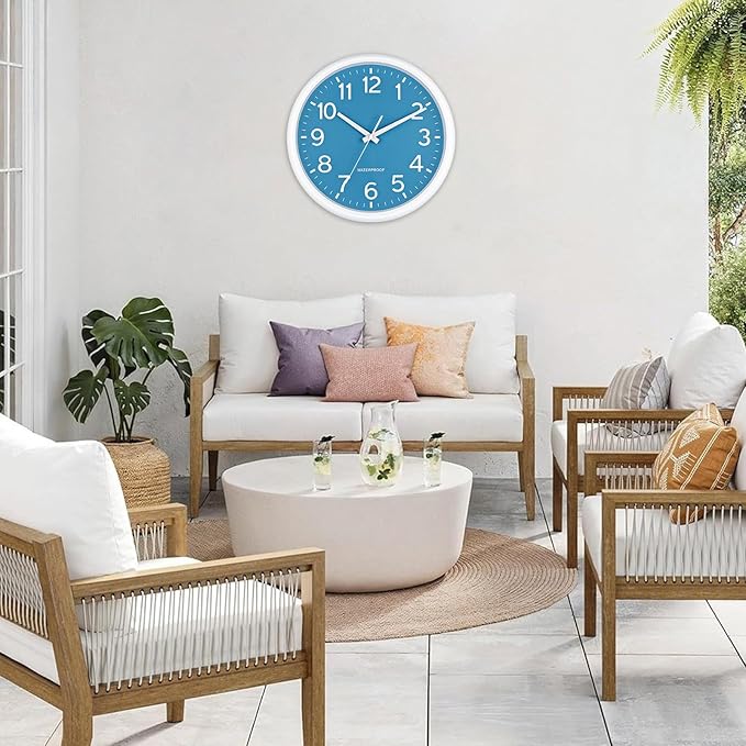 Caysie 16 Inch Sealed Large Outdoor Clock Waterproof, Silent Battery Operated Weatherproof Wall Clocks for Pool Patio Outside Home (White Blue)