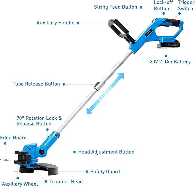 20V Cordless String Trimmer & Edger and Leaf Blower Combo Kit, 12 Inch Weed Wacker with 90 Degree Adjustable Head, 130 MPH Electric Leaf Blower, with 2 x 2.0Ah Batteries and Fast Charger