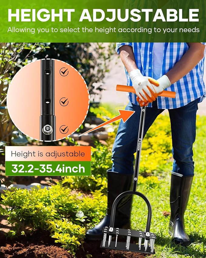 Saker Lawn Aerator Tool, Lawn Aerator with 15 Iron Spikes, Automatic Leaf and Dirt Cleaning with Spring-Loaded Design, Metal Manual Aerator for Loosening Soil Aerating Patio, Yard, Garden Orange