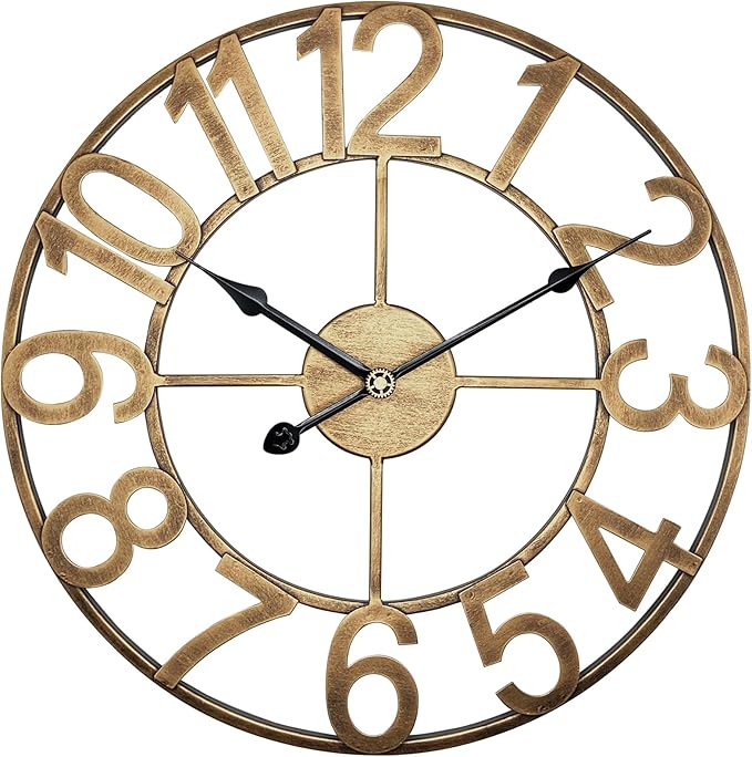 Indoor Outdoor Large Wall Clock,Silent Analog Battery Operated 24 Inch Metal Wall Clock for Patio, Porch, Pool Area, Kitchen, Living Room, Farmhouse Decor - Vintage Gold