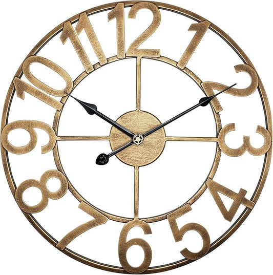 Indoor Outdoor Large Wall Clock๏ผSilent Analog Battery Operated 24 Inch Metal Wall Clock for Patio, Porch, Pool Area, Kitchen, Living Room, Farmhouse Decor - Vintage Gold