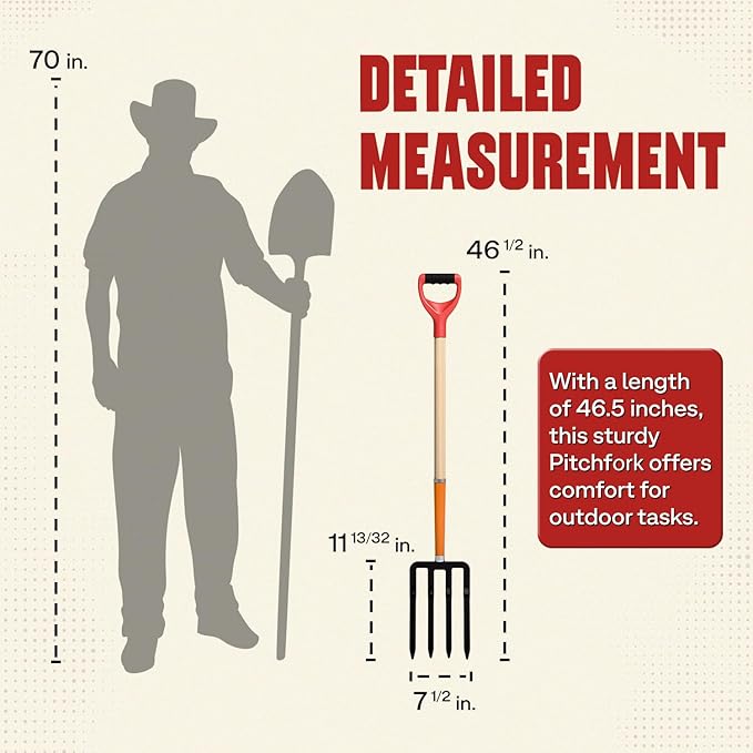 Idzo Garden Pitch Fork, 4-Tine Steel Digging Fork with 45-Inch Wooden Handle, Heavy Duty Spading Fork for Compost, Soil, Mulch, and Yard Work, Strong Y-Grip Design, Essential for Gardeners