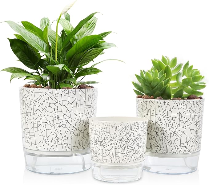 Self Watering Pots for Indoor Plants, 6 & 5 & 4 Inch Stylish Flower Pots, Set of 3 Modern Planters with Self-Watering Feature (Crack Texture)