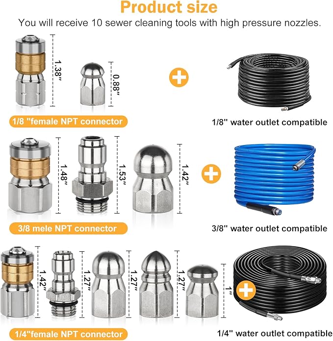 10Pcs Sewer Jetter Kit,Sewer jetter Nozzle, Sewer Rotary Button Pressure Cleaning Accessory, 5000 PSI High-Pressure Nozzle Heads Quick Connection Kit.